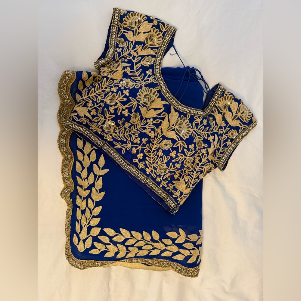 Blue and Gold Embroidered Saree Outfit